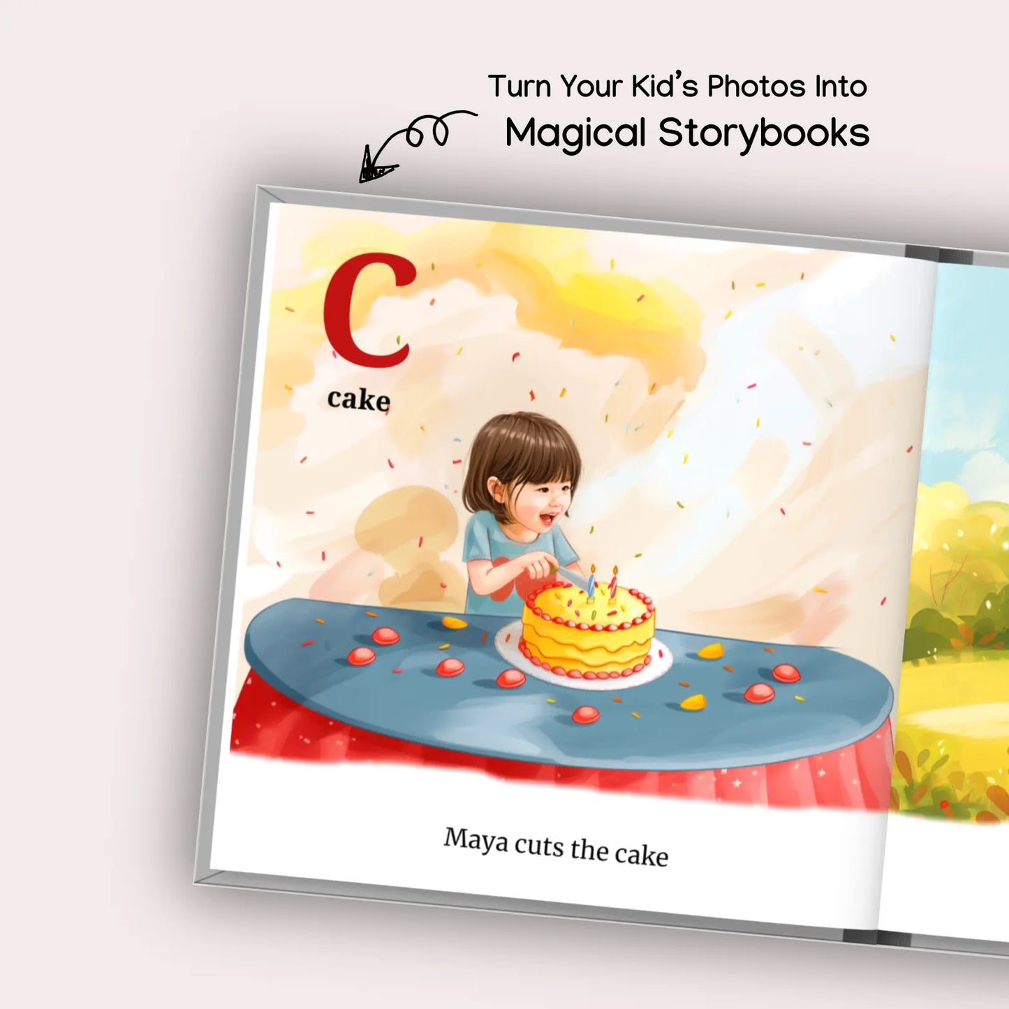 Inside page of the personalized alphabet storybook showing the letter C, the word "cake," and an illustration of Maya cutting a birthday cake with candles. Text reads, "Maya cuts the cake."