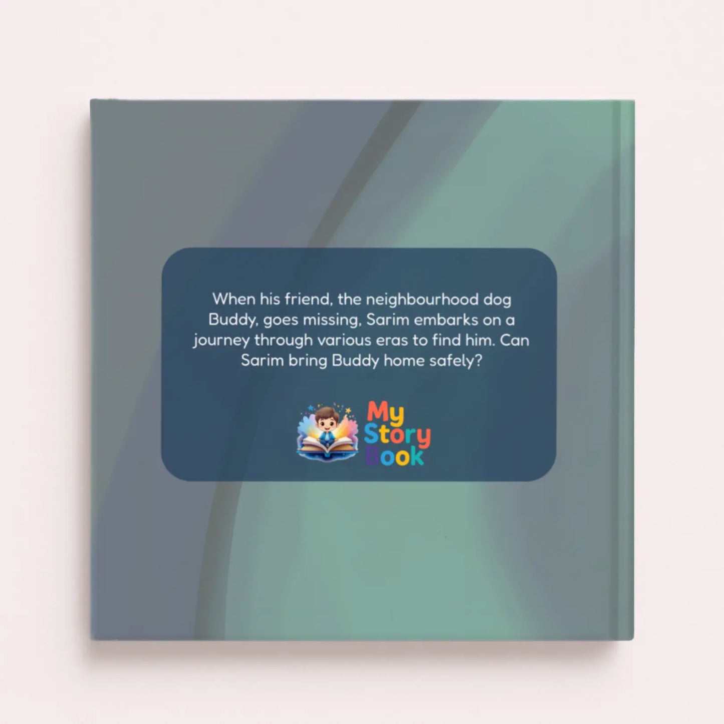 Back cover of children's book "Finding Buddy" describing Sarim's time-travel adventure to find his dog Buddy