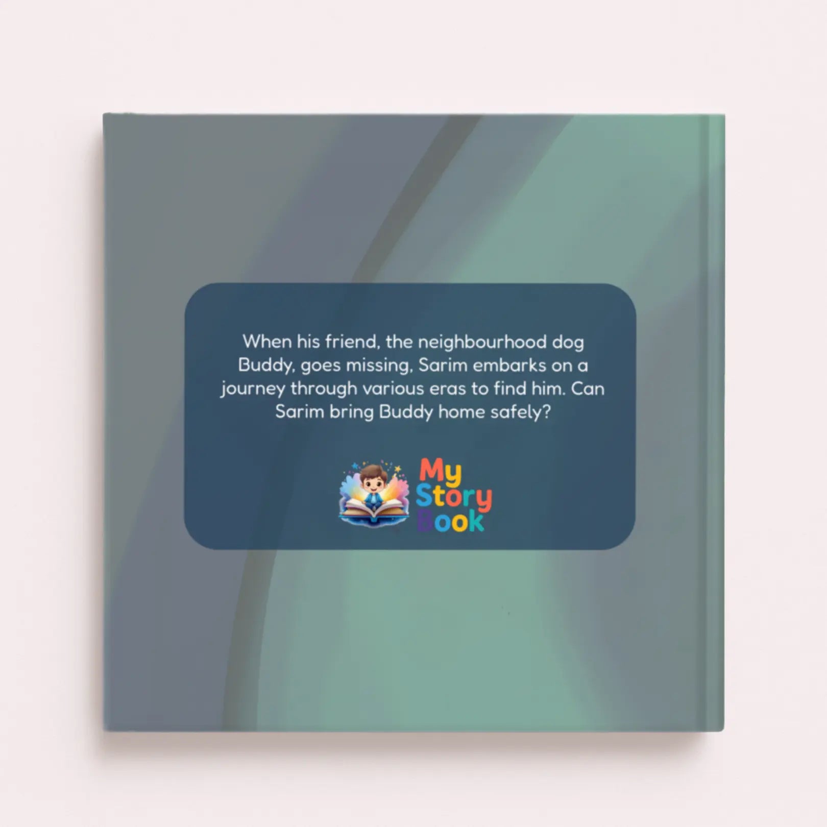 Back cover of children's book "Finding Buddy" describing Sarim's time-travel adventure to find his dog Buddy