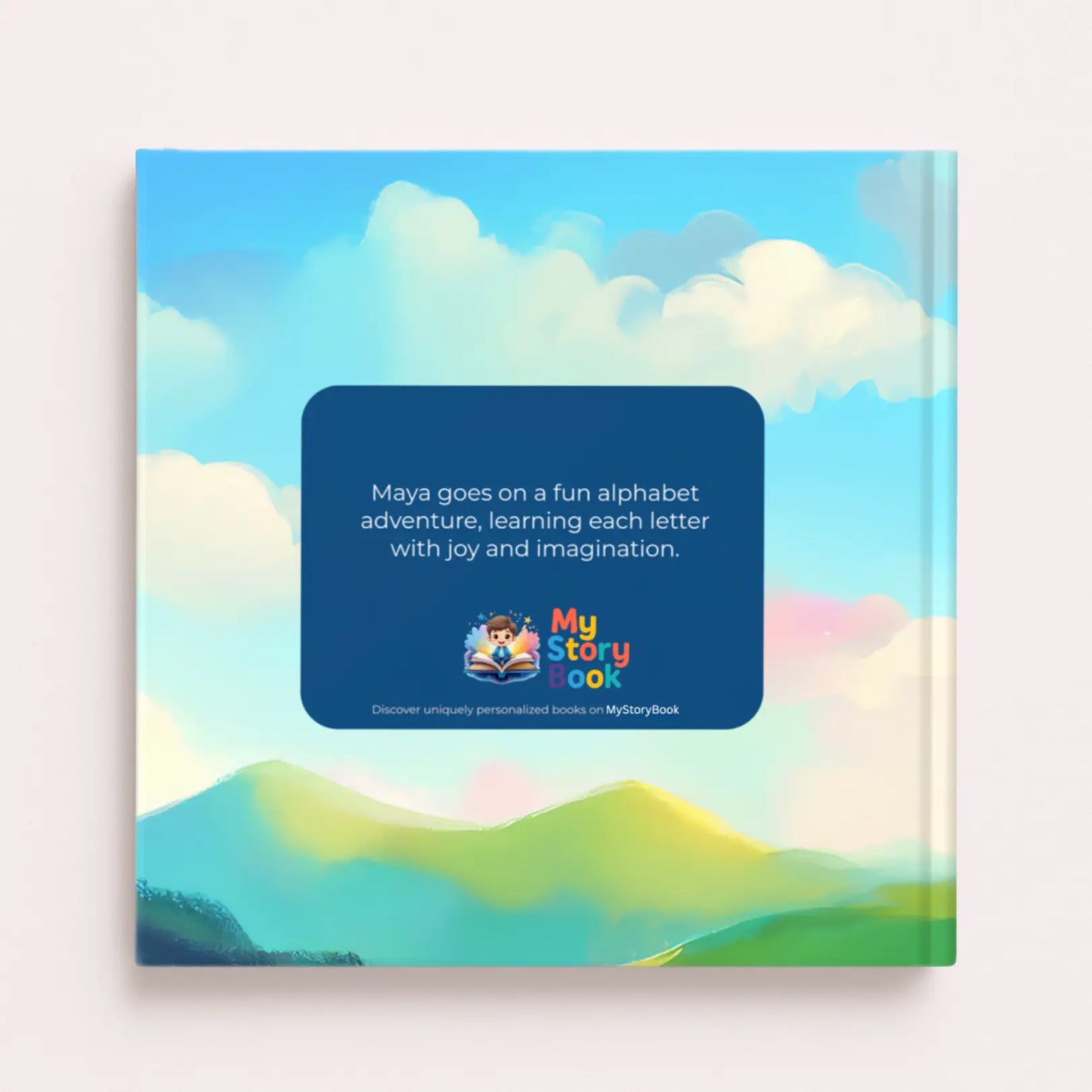 Back cover for the personalized alphabet storybook, highlighting an engaging learning experience. Text reads, "Maya goes on a fun alphabet adventure, learning each letter with joy and imagination."