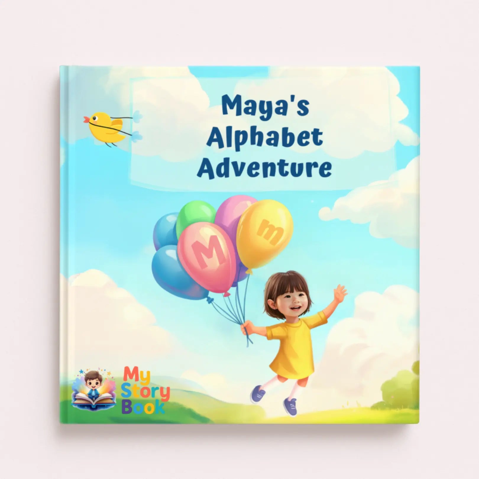 Personalized children's alphabet storybook cover featuring a young girl, Maya, with balloons and the title "Maya's Alphabet Adventure."