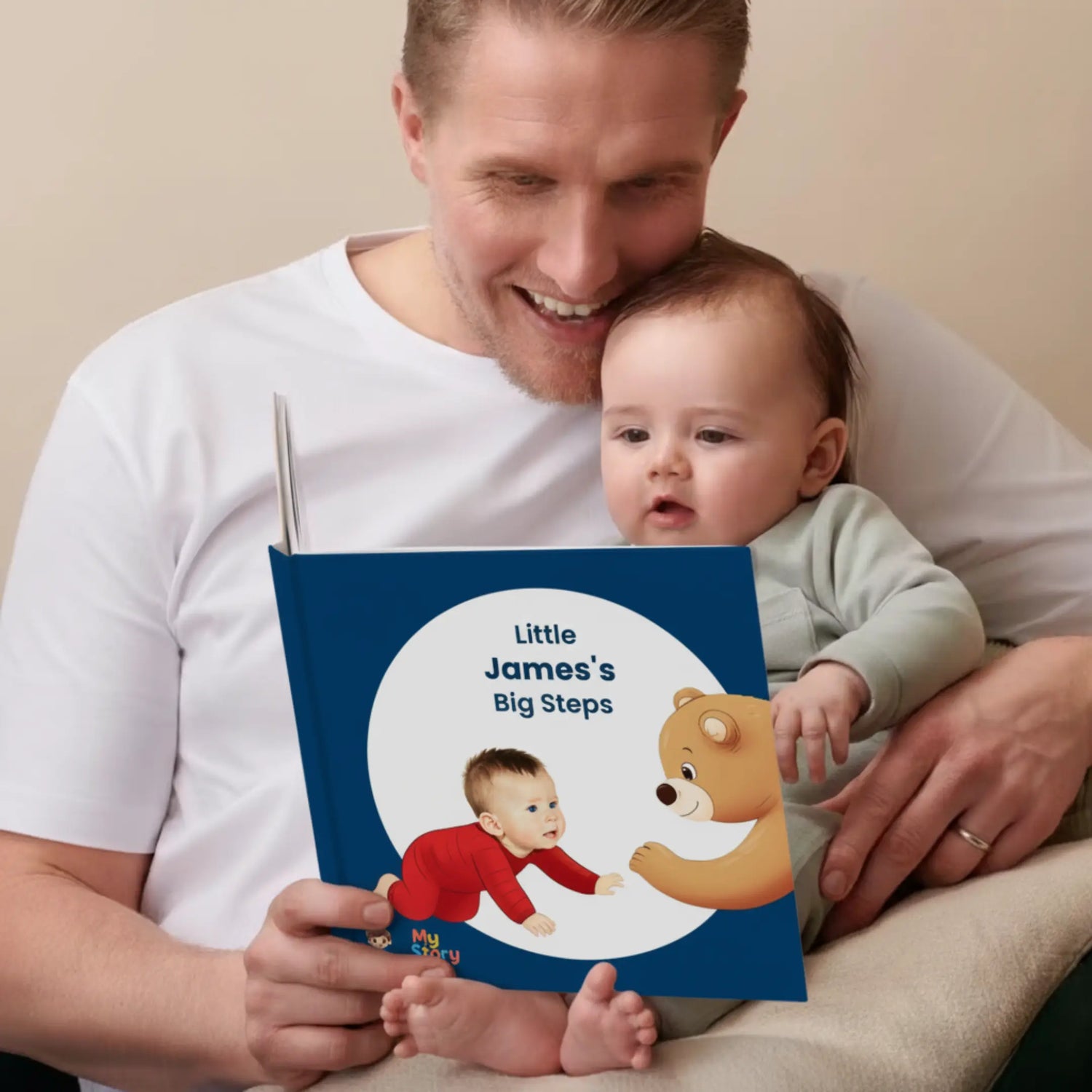 A boys happ reaction on the little James Big Steps personalised storybook gift