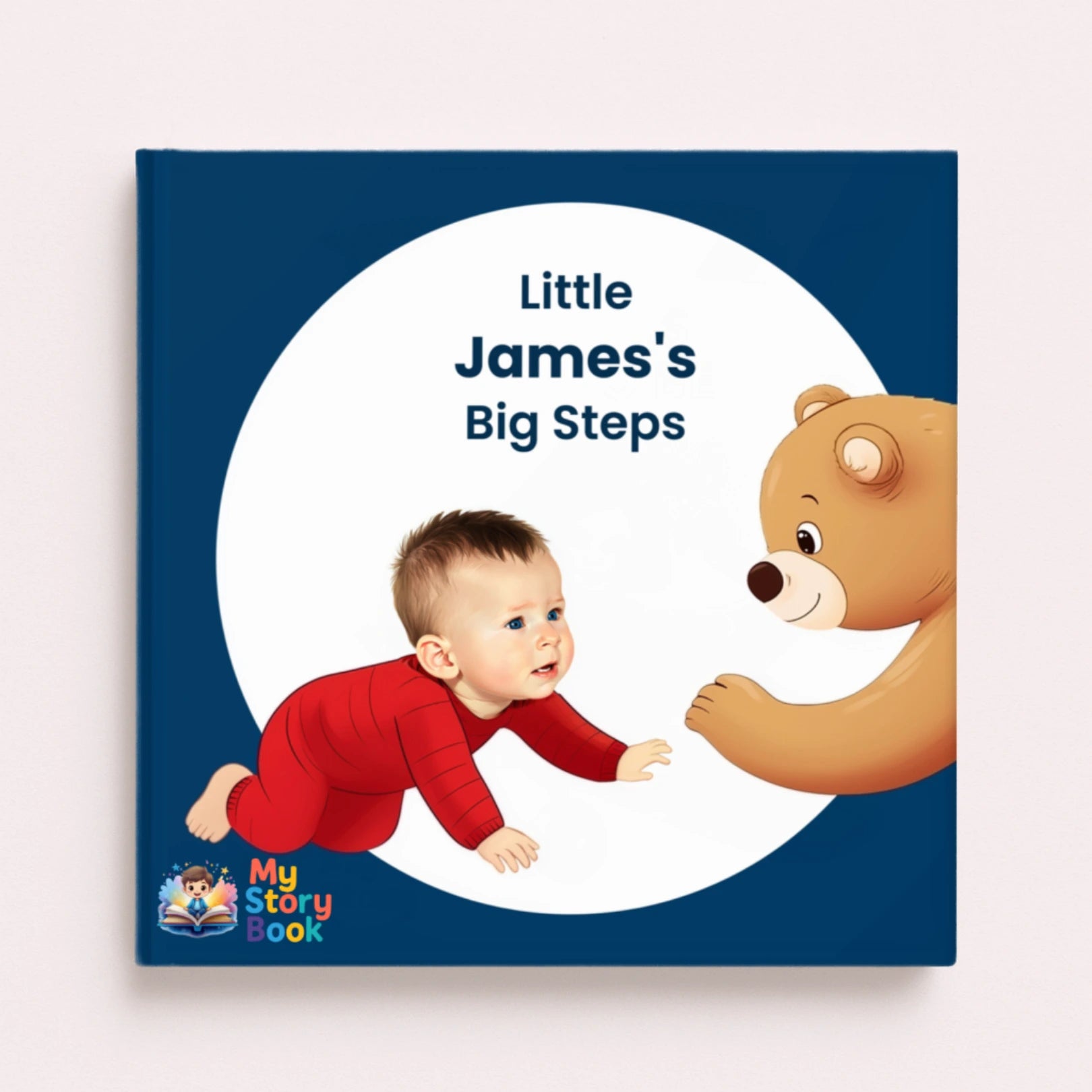 Personalized children's storybook cover featuring baby James crawling toward a teddy bear – custom story with your child's name and photo
