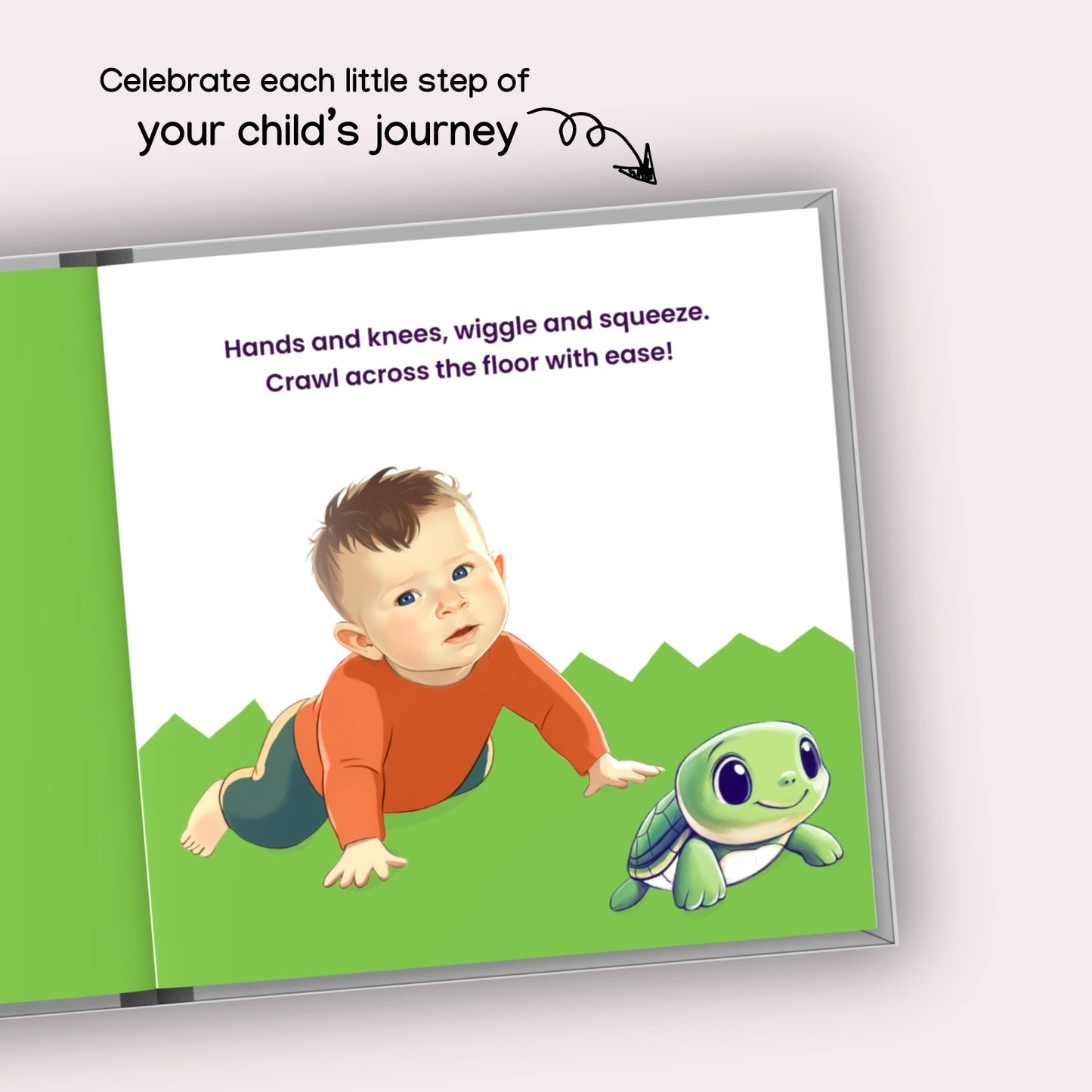 Personalized children's storybook page featuring baby James crawling toward a turtle – custom story with your child's name and photo