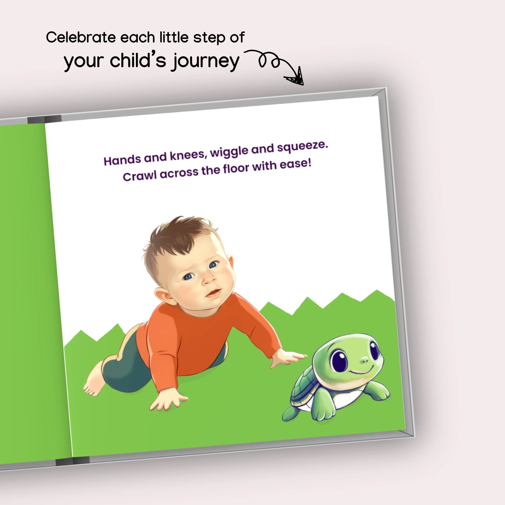 Personalized children's storybook page featuring baby James crawling toward a turtle – custom story with your child's name and photo
