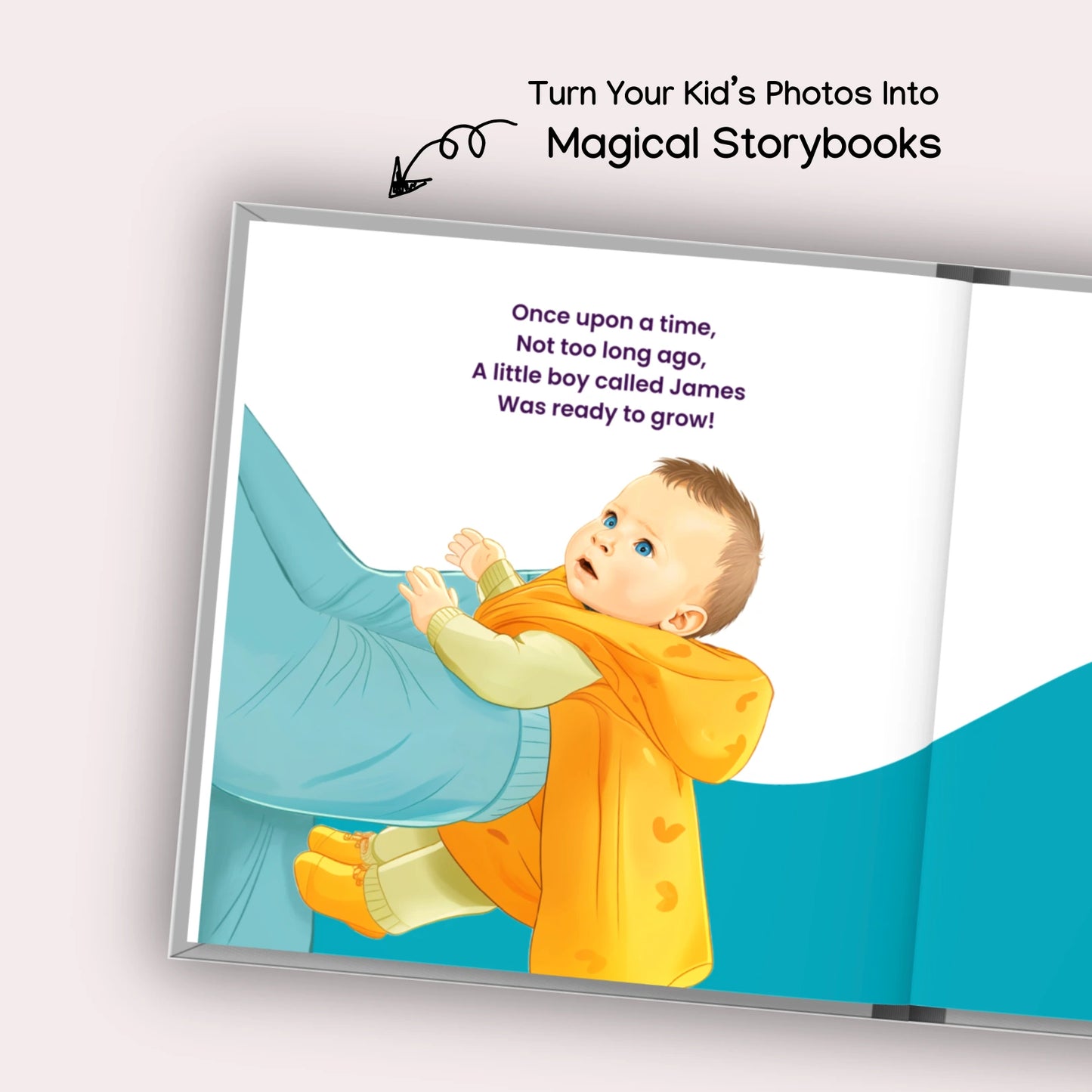 Personalized children's storybook's page featuring baby James – custom story with your child's name and photo