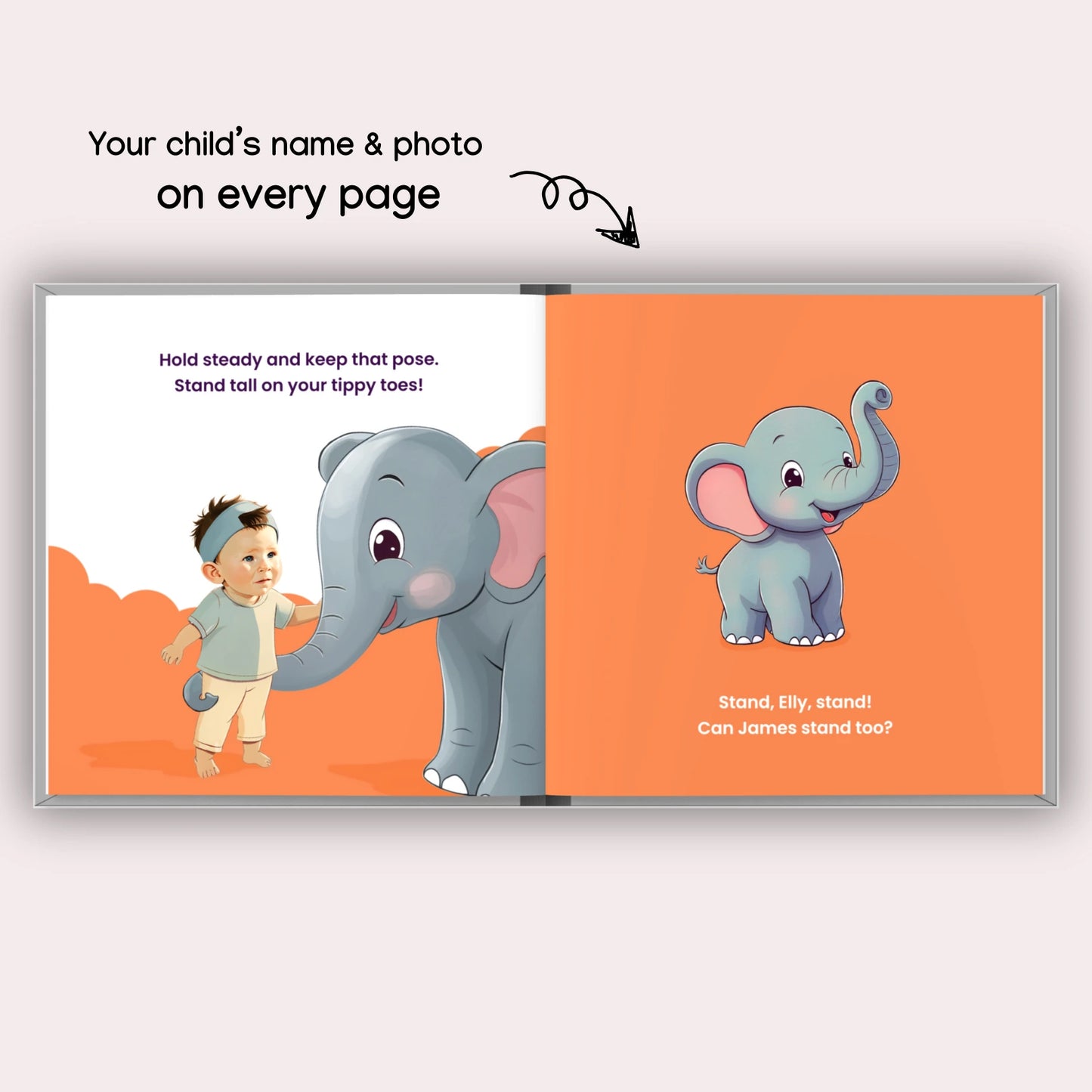 Personalized children's storybook page featuring baby James playing with an elephant  – custom story with your child's name and photo