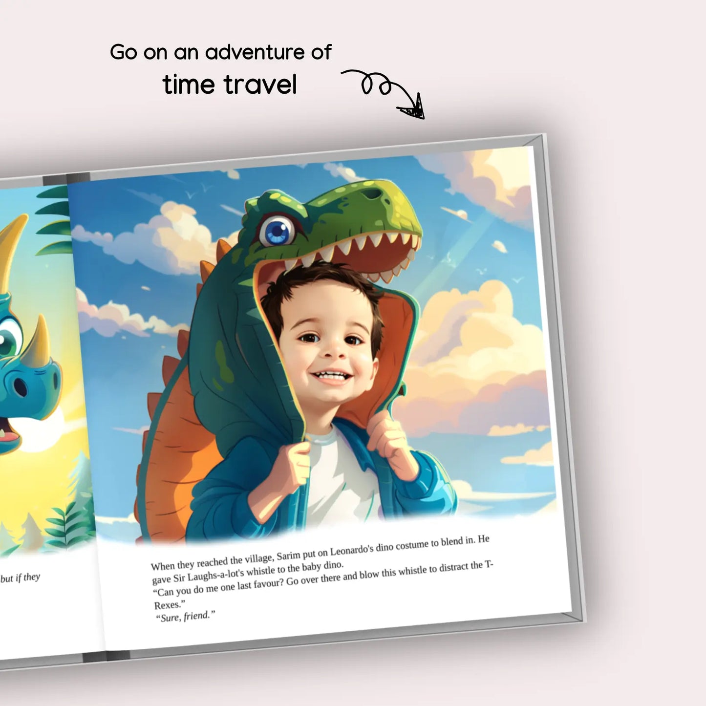 Smiling young boy in dinosaur costume on a personalized storybook page set in a time travel adventure