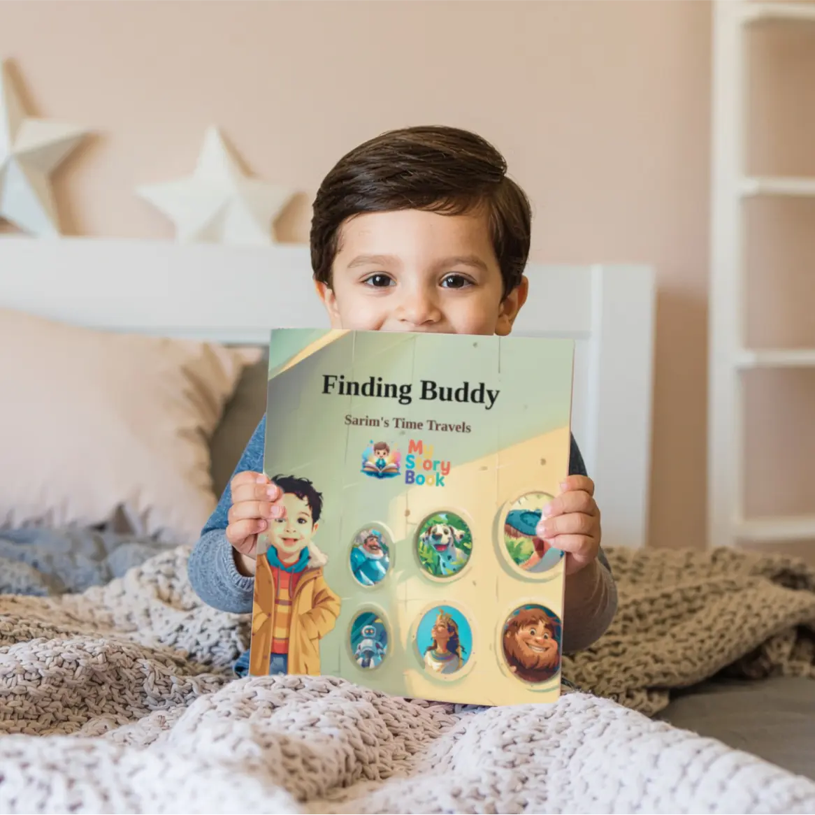 Happy young boy holding personalized children's storybook "Finding Buddy" by My Story Book, perfect bedtime adventure