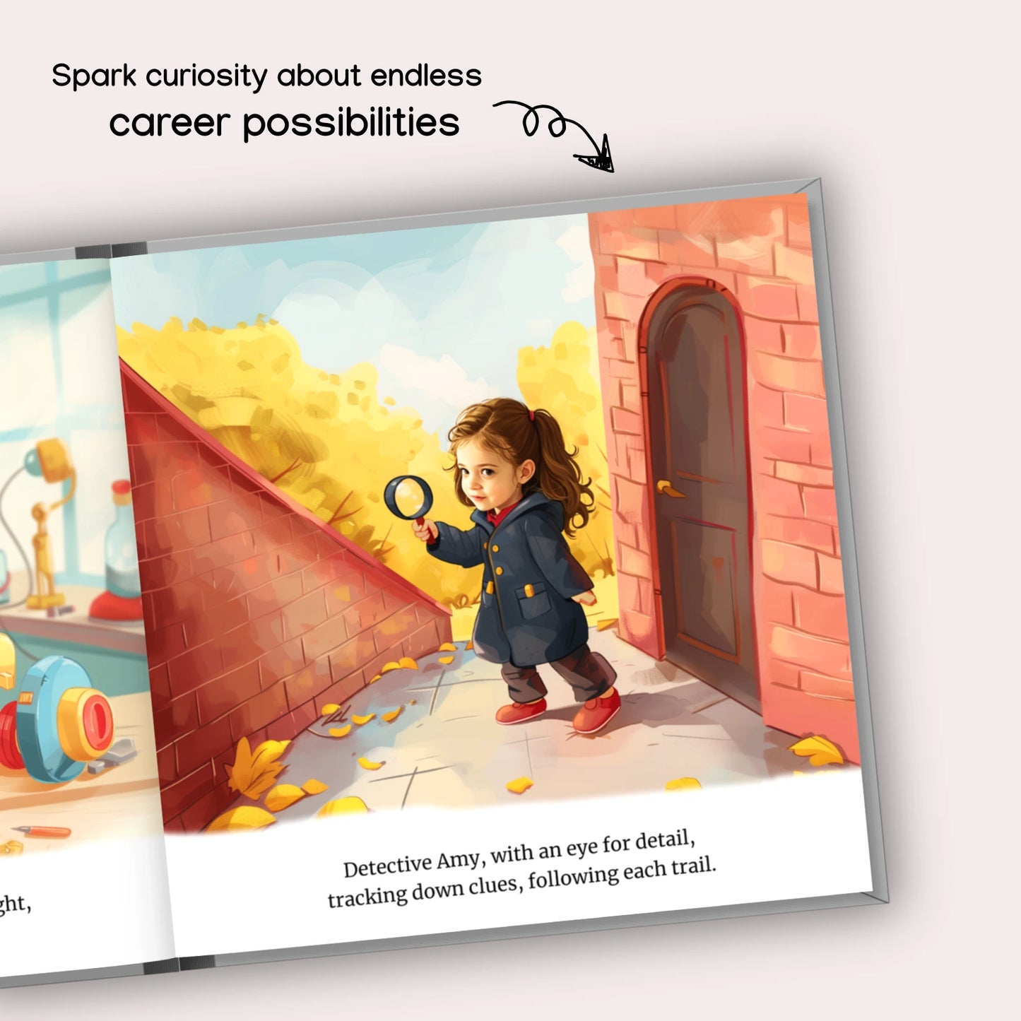 Personalized children's storybook page showing a young girl as a detective, included in the story book.