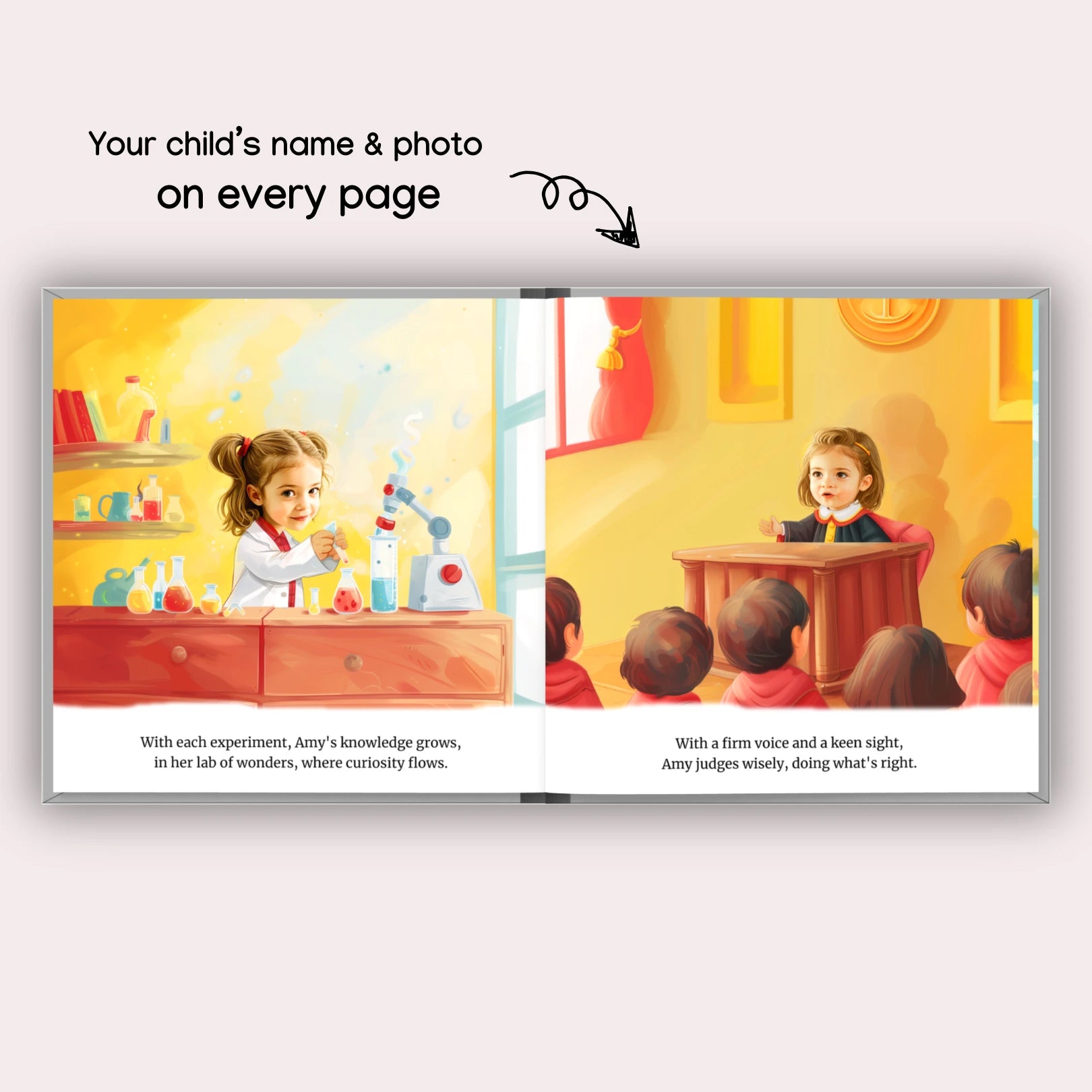 Personalized children's storybook pages showing a young girl in different scenarios included in the story book.