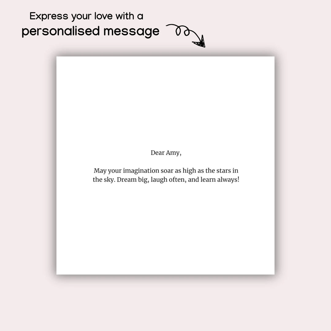 Personalized children's storybook page showing a personalised message from the buyer for the child included in the story book.