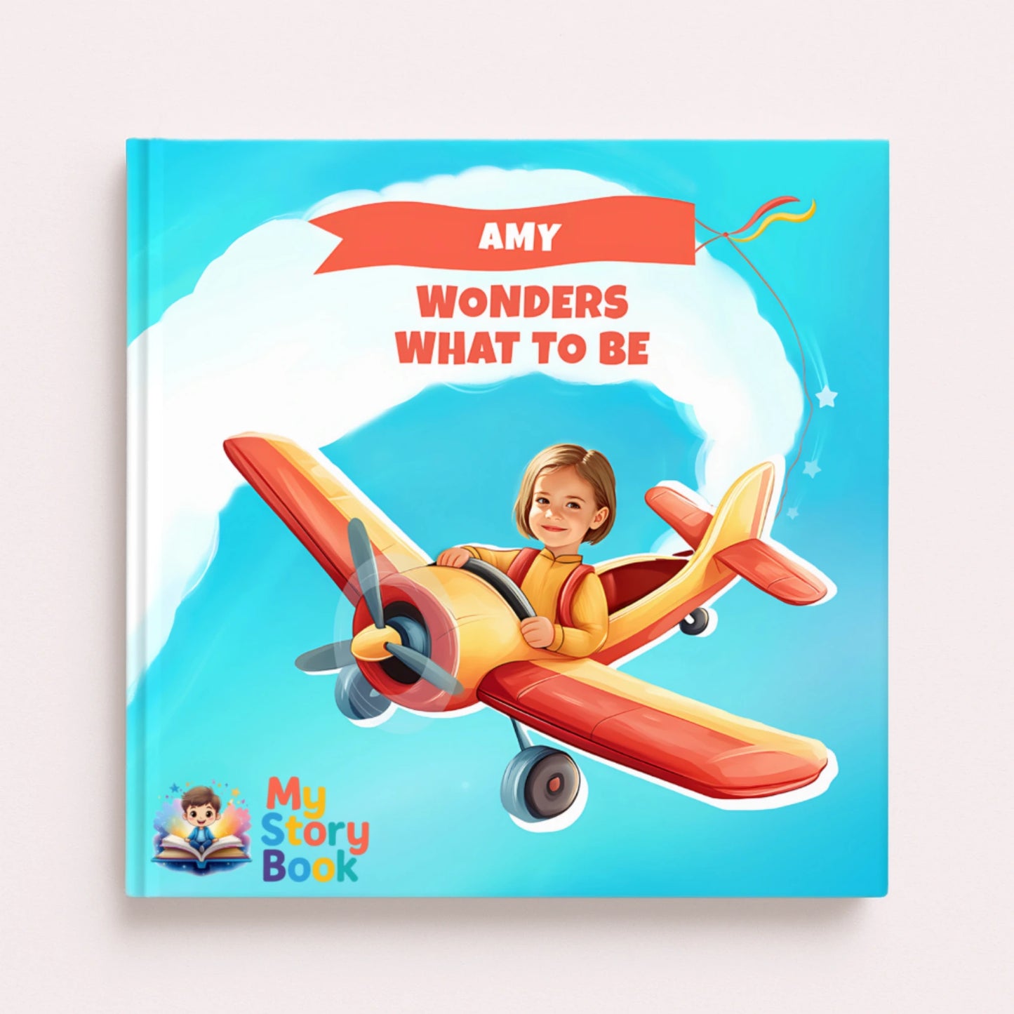 Personalized children's storybook titled "Amy Wonders What to Be" featuring a young girl flying a colorful airplane on the cover, ideal for custom storybooks with real children's photos