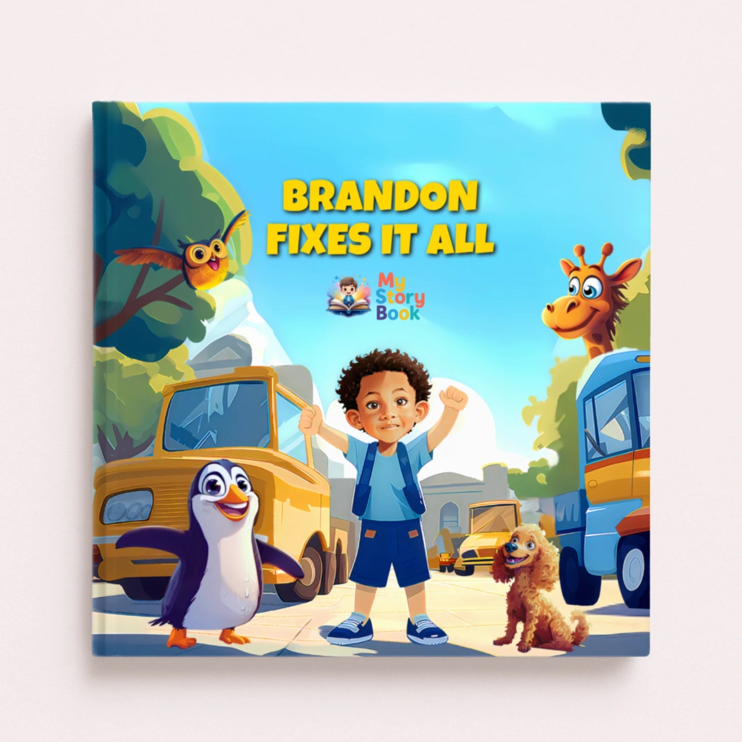 Personalized children's storybook cover featuring a young boy, Brandon, with animal characters and the title "Brandon Fixes It All.