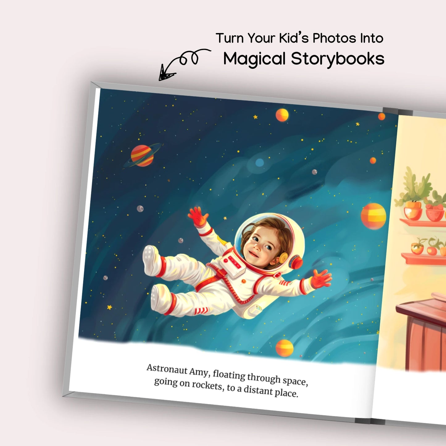 Personalized children's storybook page showing a young girl in space , ideal for custom storybooks