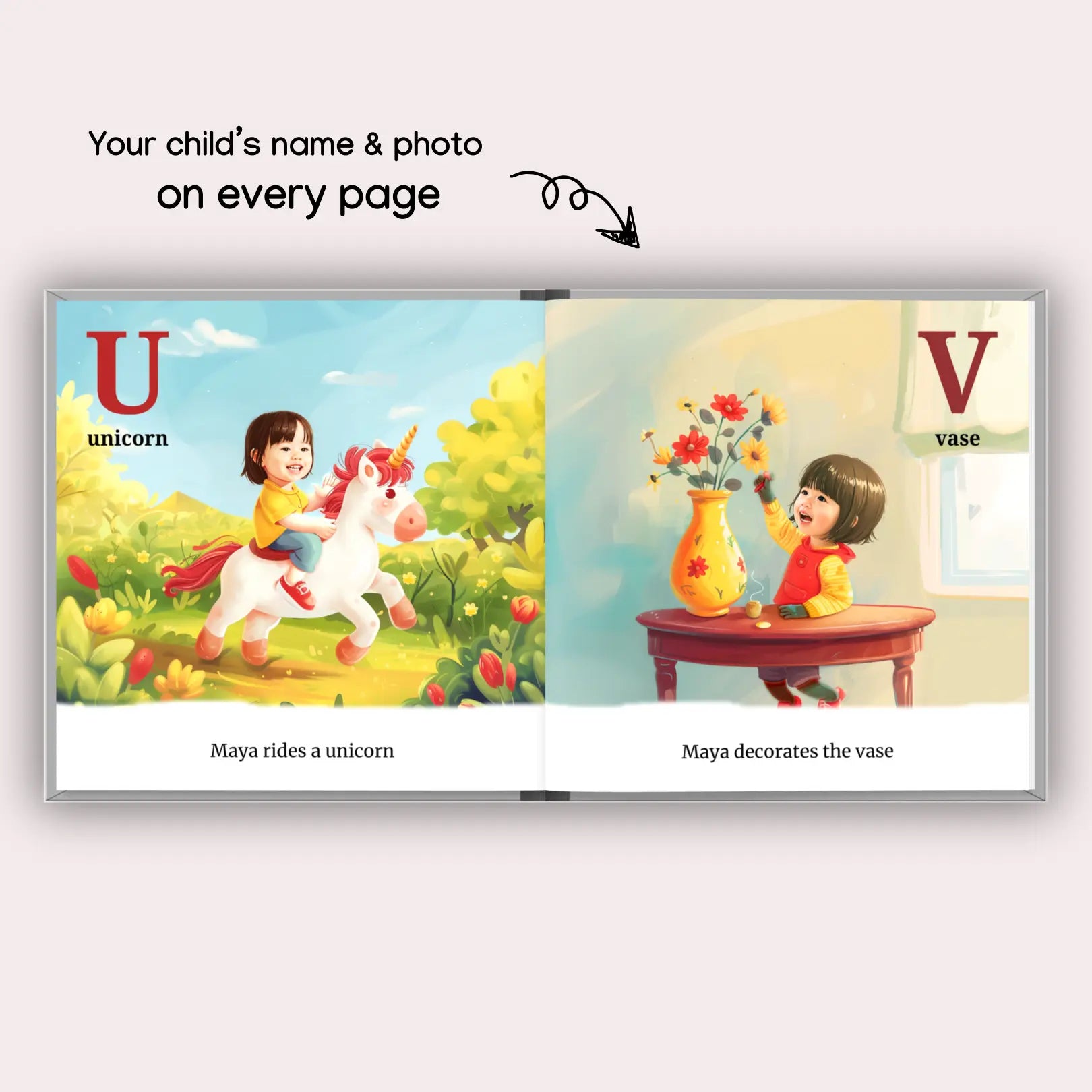 Open pages of the personalized alphabet book illustrating the letter U with "unicorn" and Maya riding a unicorn, and the letter V with "vase" and Maya decorating a vase of flowers. The corresponding text reads, "Maya rides a unicorn" and "Maya decorates the vase."