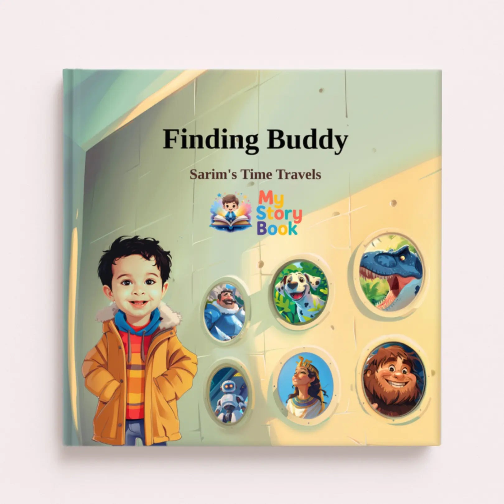 Custom storybook cover titled 'Finding Buddy: Sarim's Time Travels' featuring a cartoon version of a child with scenes from historical and fantasy adventures.