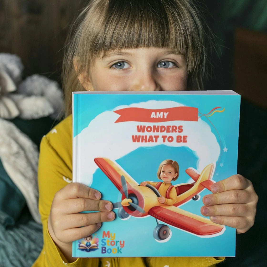 Personalized children's storybook buyers reaction. The child is too happy with the book and his stories inside.