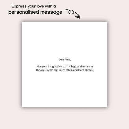 Personalized children's storybook page showing a personalised message from the buyer for the child included in the story book.